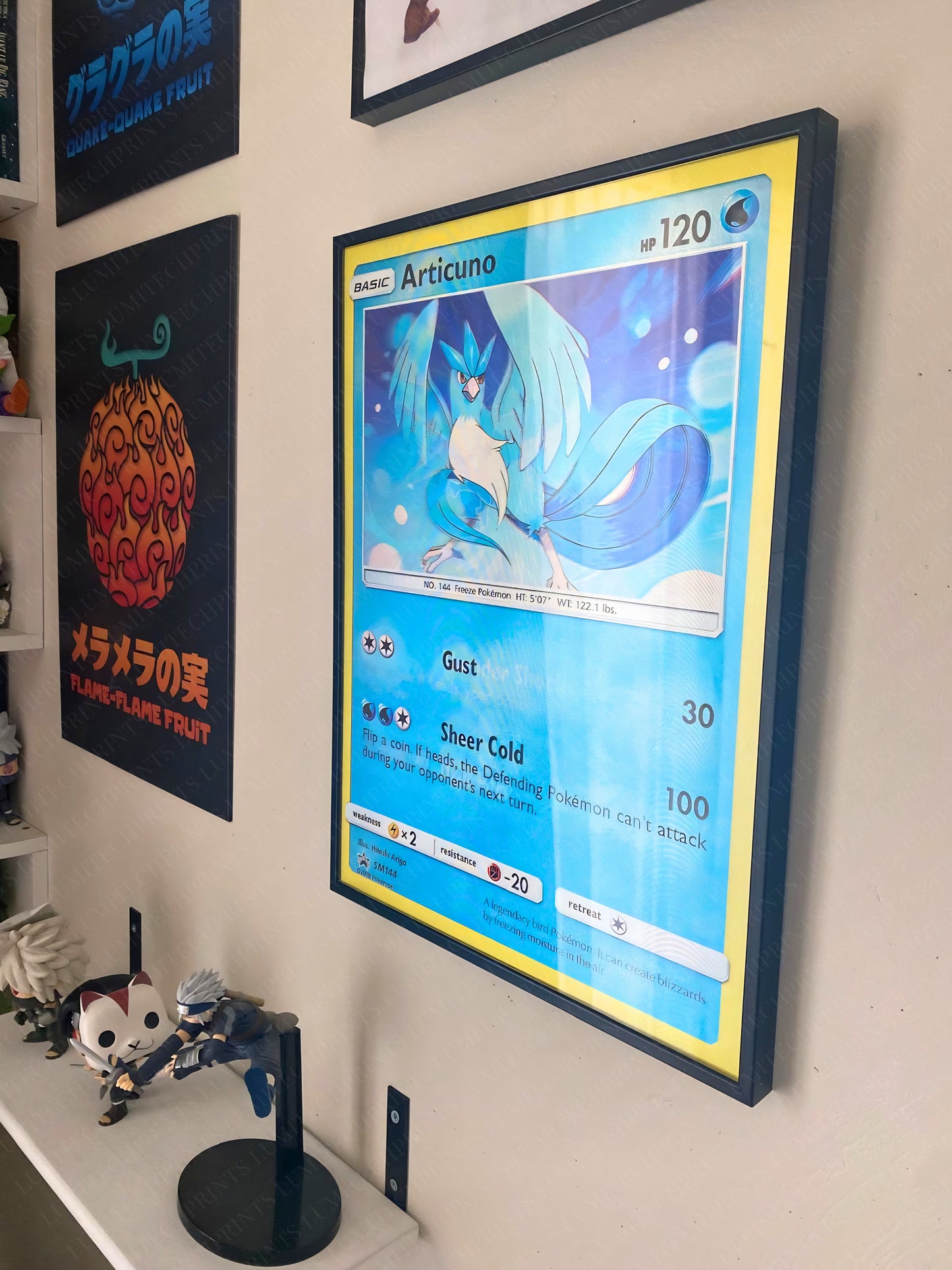 Pokemon Articuno Zapdos Moltres 3D lenticular poster displayed on wall - gaming room decor
