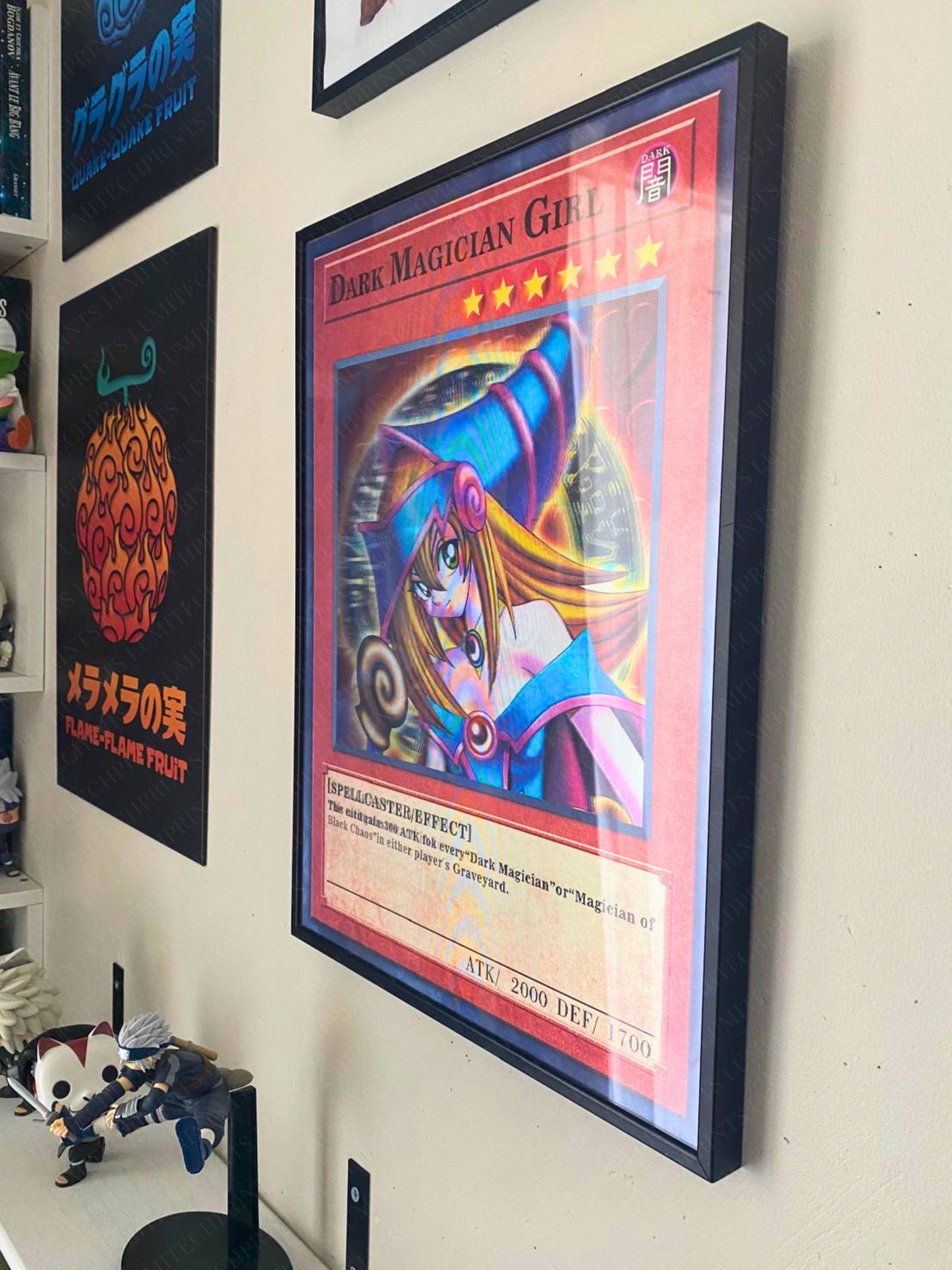 Yu-Gi-Oh Dark Magician Girl 3D lenticular poster displayed on wall with anime decor