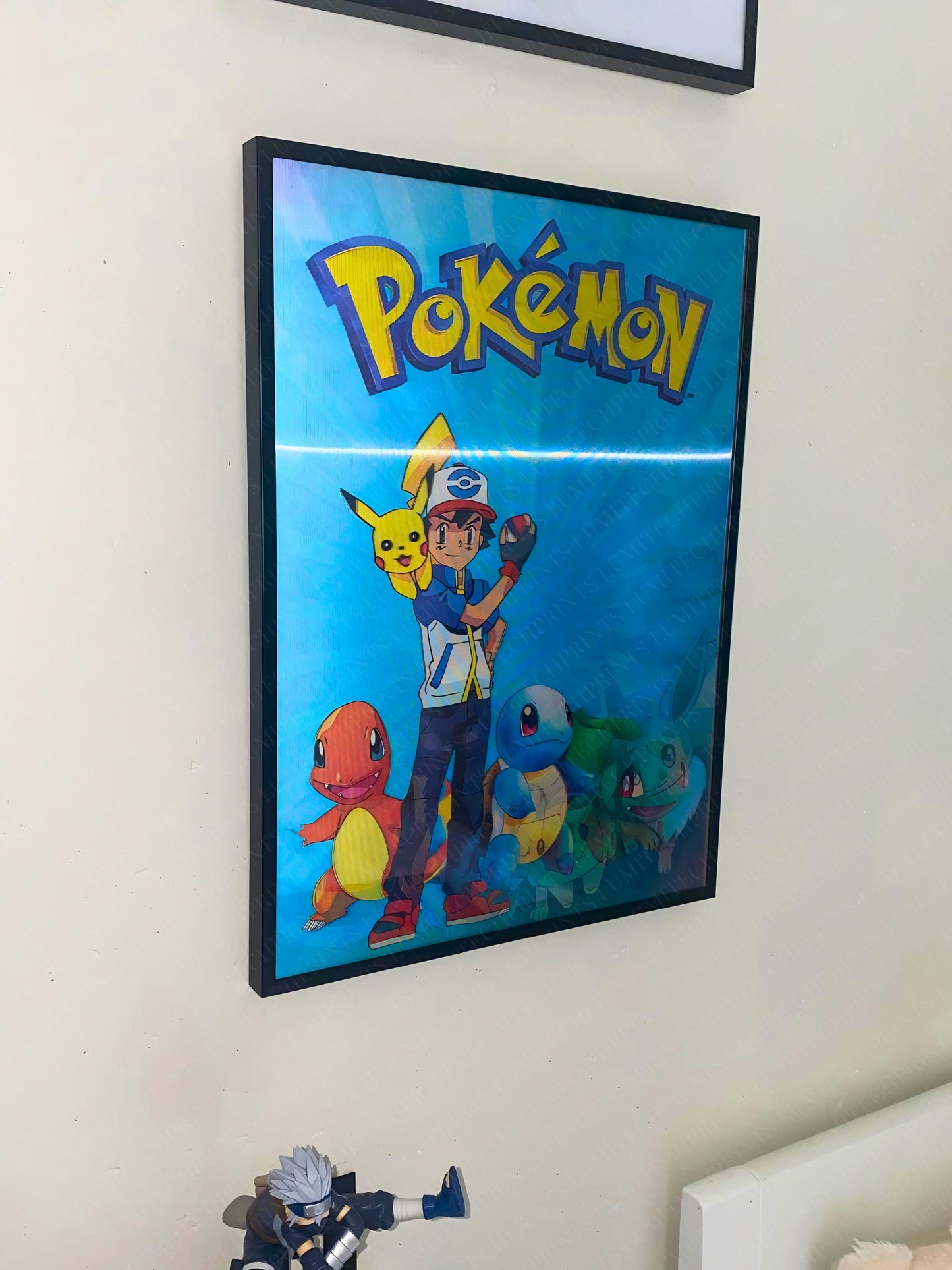 Pokemon 3D lenticular poster Ash & Pikachu hanging on wall - Lumitech Prints 30x40cm