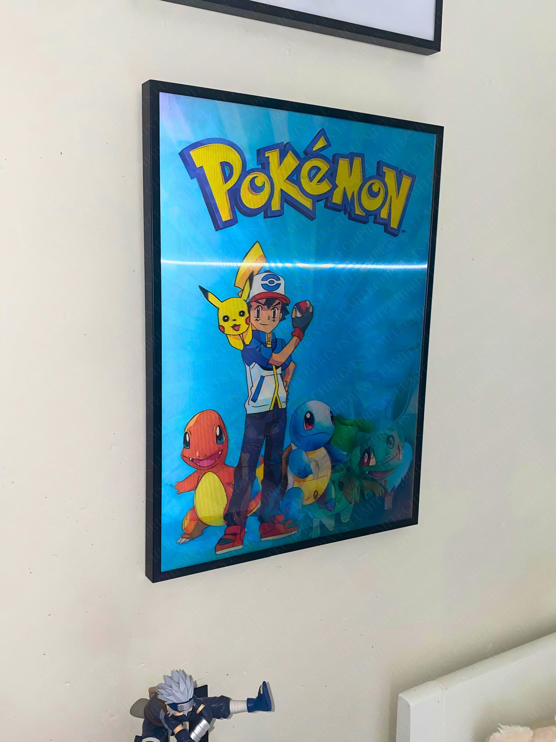 Pokemon 3D lenticular poster Ash & Pikachu hanging on wall - Lumitech Prints 30x40cm