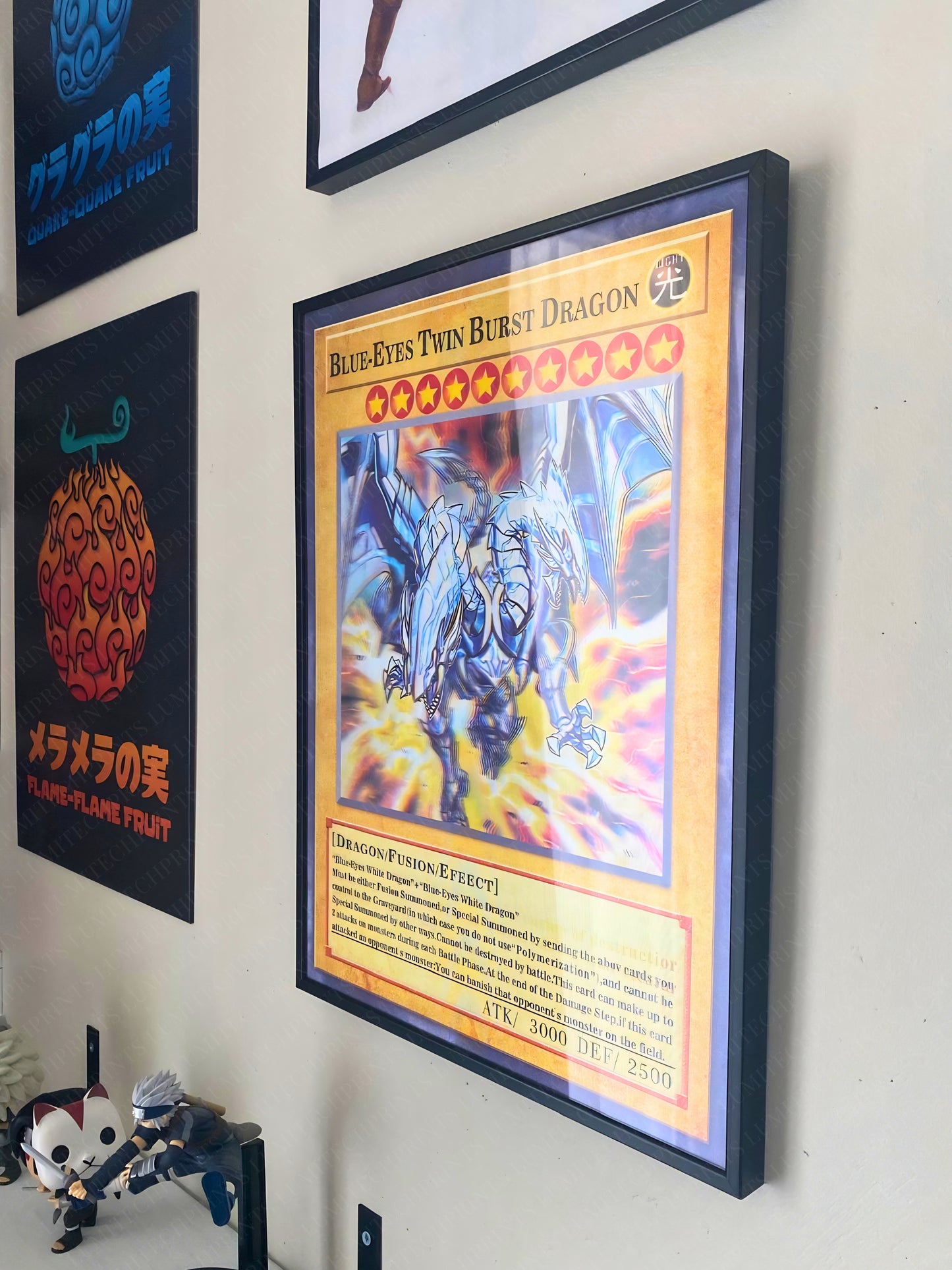 Yu-Gi-Oh Blue-Eyes Twin Burst Dragon 3D lenticular poster displayed on wall with anime decor