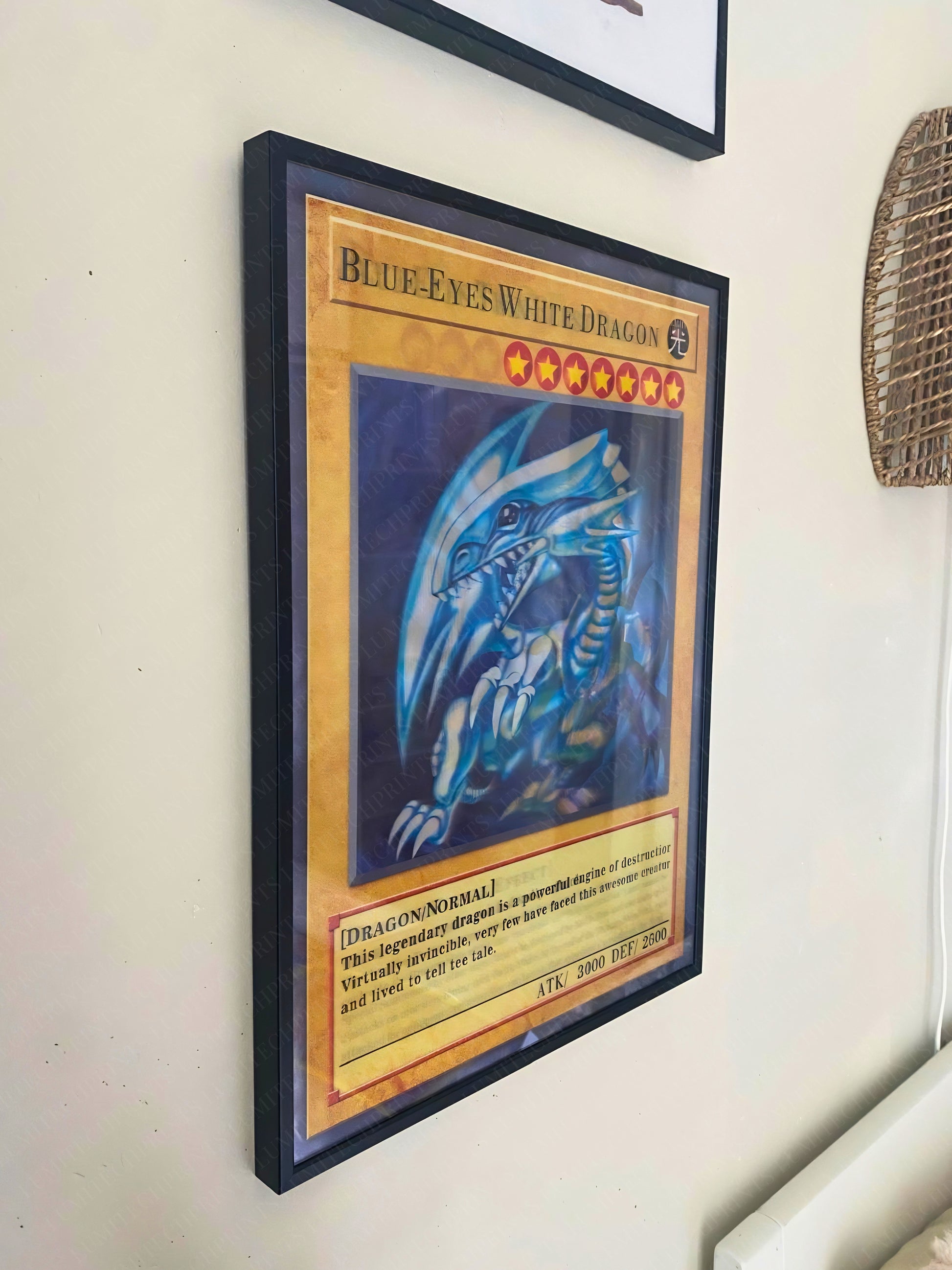 Yu-Gi-Oh 3D lenticular poster Blue-Eyes White Dragon hanging on wall - Lumitech Prints 30x40cm