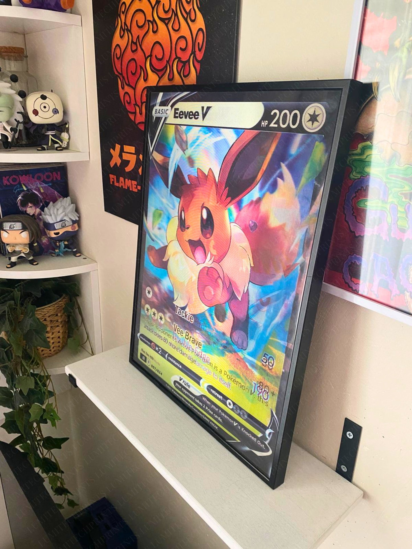 Pokemon Eevee V Pikachu V Venusaur V 3D lenticular poster displayed on wall - gaming room decor