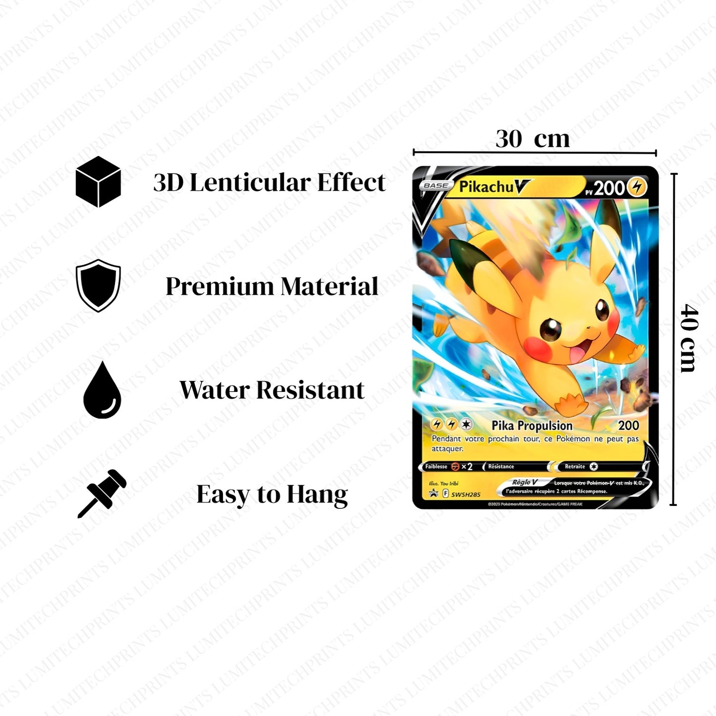 Pokemon 3D lenticular poster specifications - 30x40cm, premium material, water resistant, easy to hang