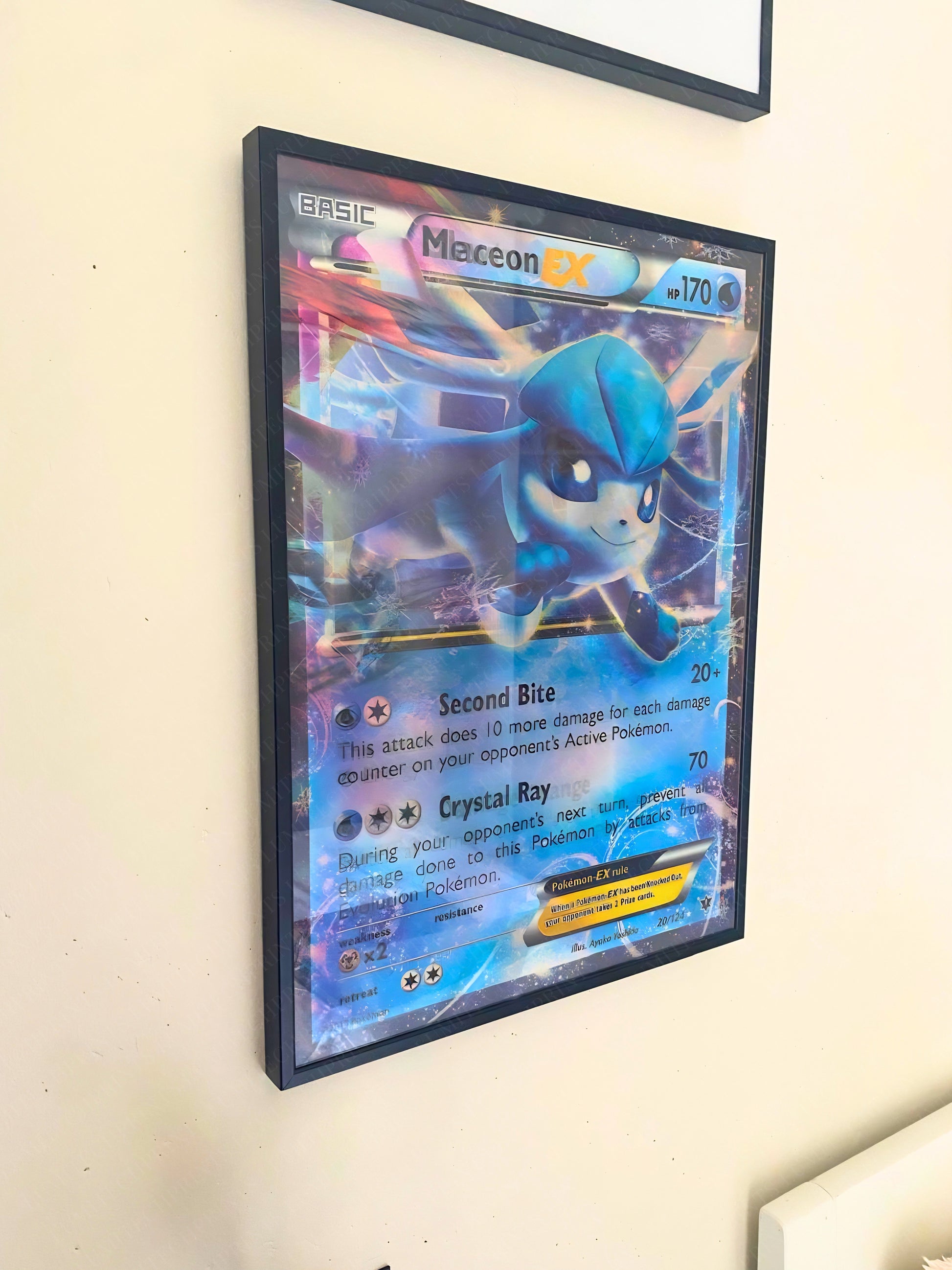 Pokemon 3D lenticular poster Mewtwo EX & Glaceon EX hanging on wall - Lumitech Prints 30x40cm