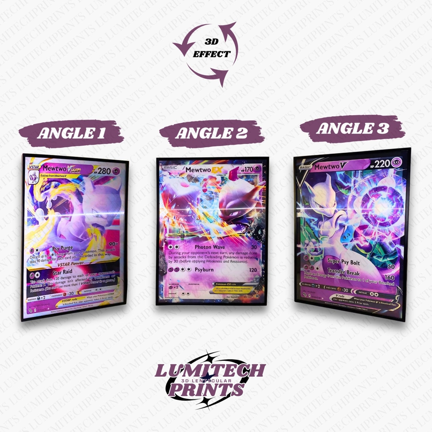 Pokemon 3D lenticular poster 30x40cm - Mewtwo VSTAR, Mewtwo EX & Mewtwo V - 3 viewing angles
