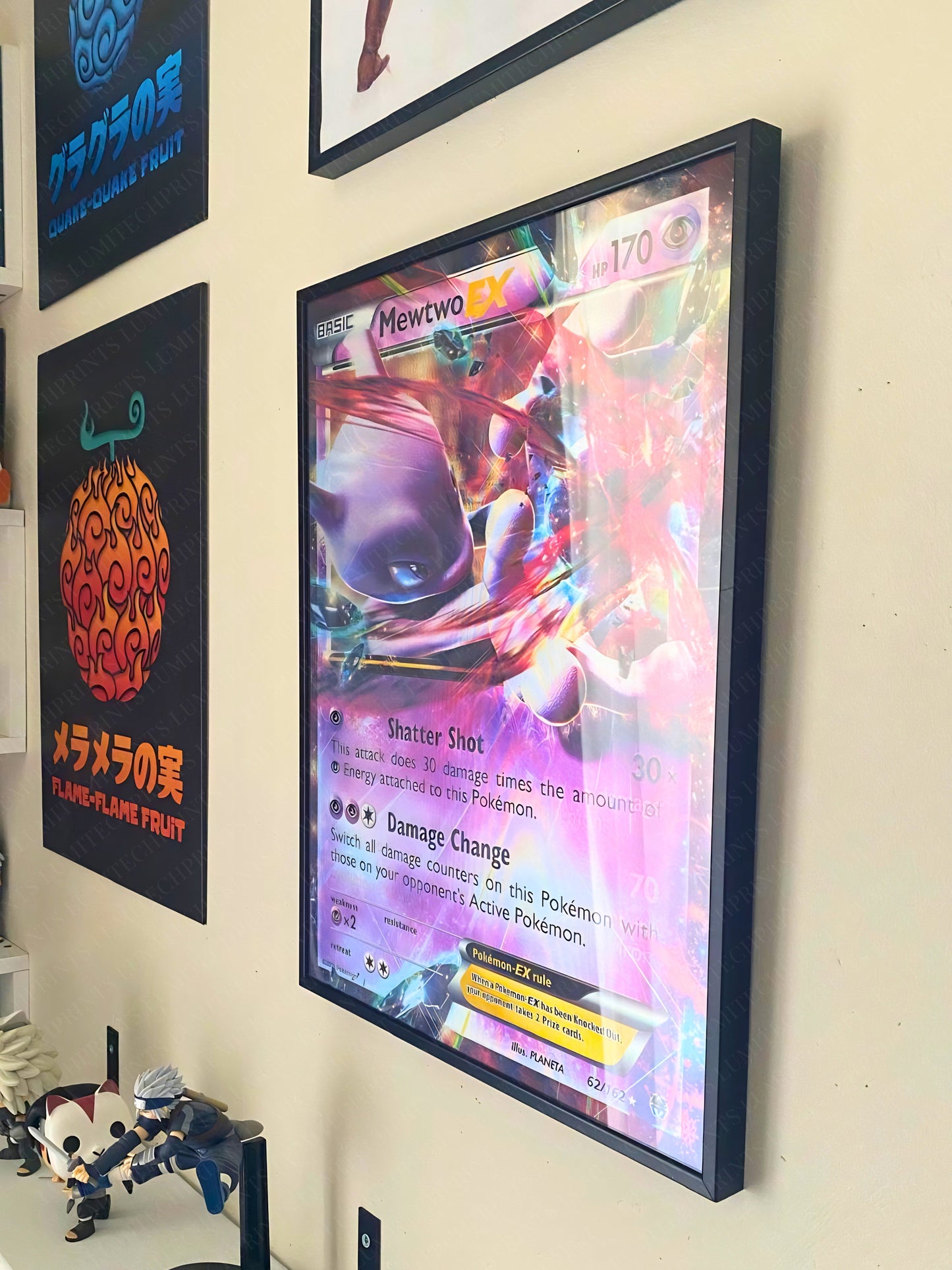 Pokemon Mewtwo EX & Glaceon EX 3D lenticular poster displayed on wall - gaming room decor