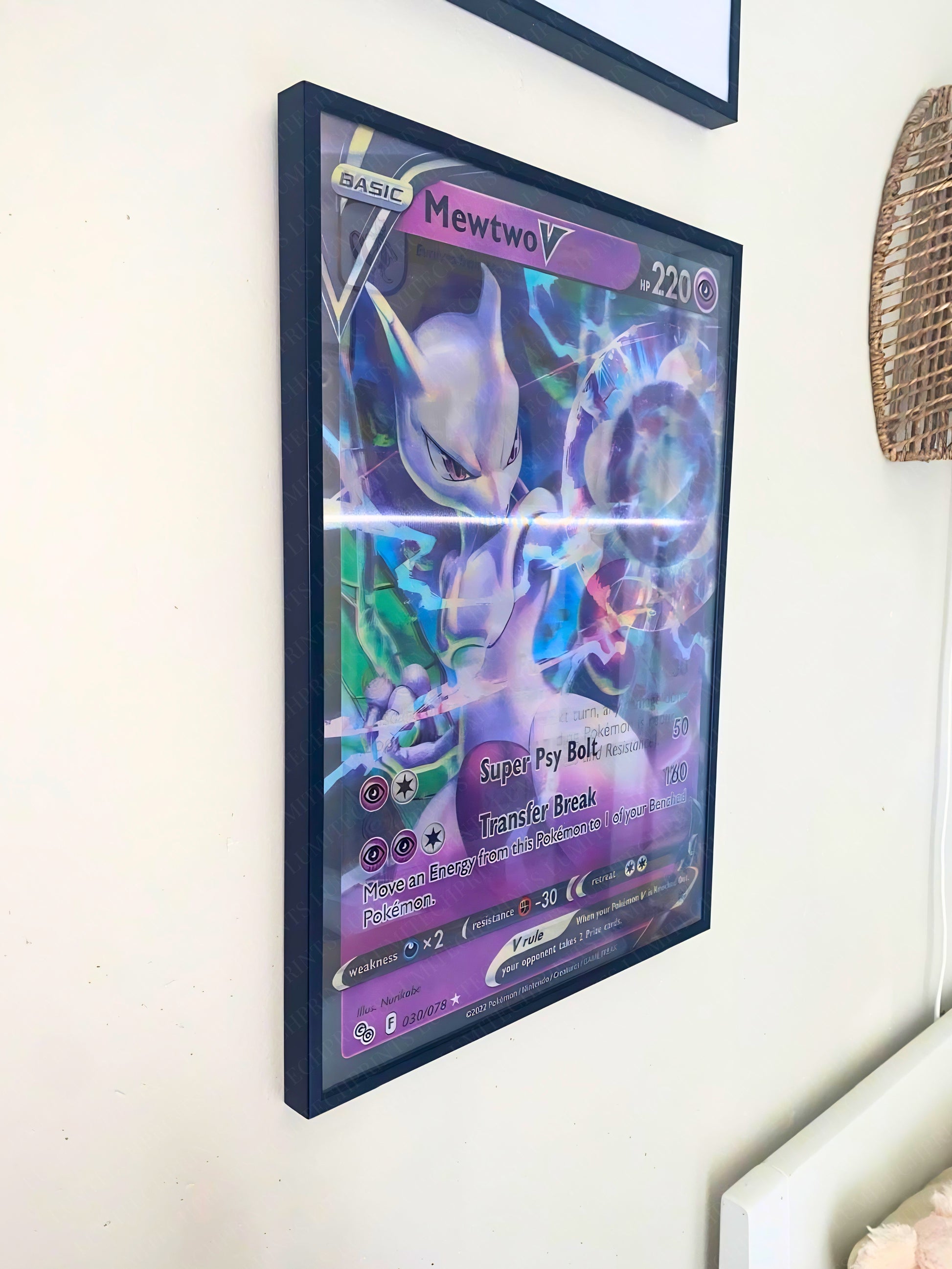 Pokemon 3D lenticular poster Mewtwo VSTAR Mewtwo EX Mewtwo V hanging on wall - Lumitech Prints 30x40cm