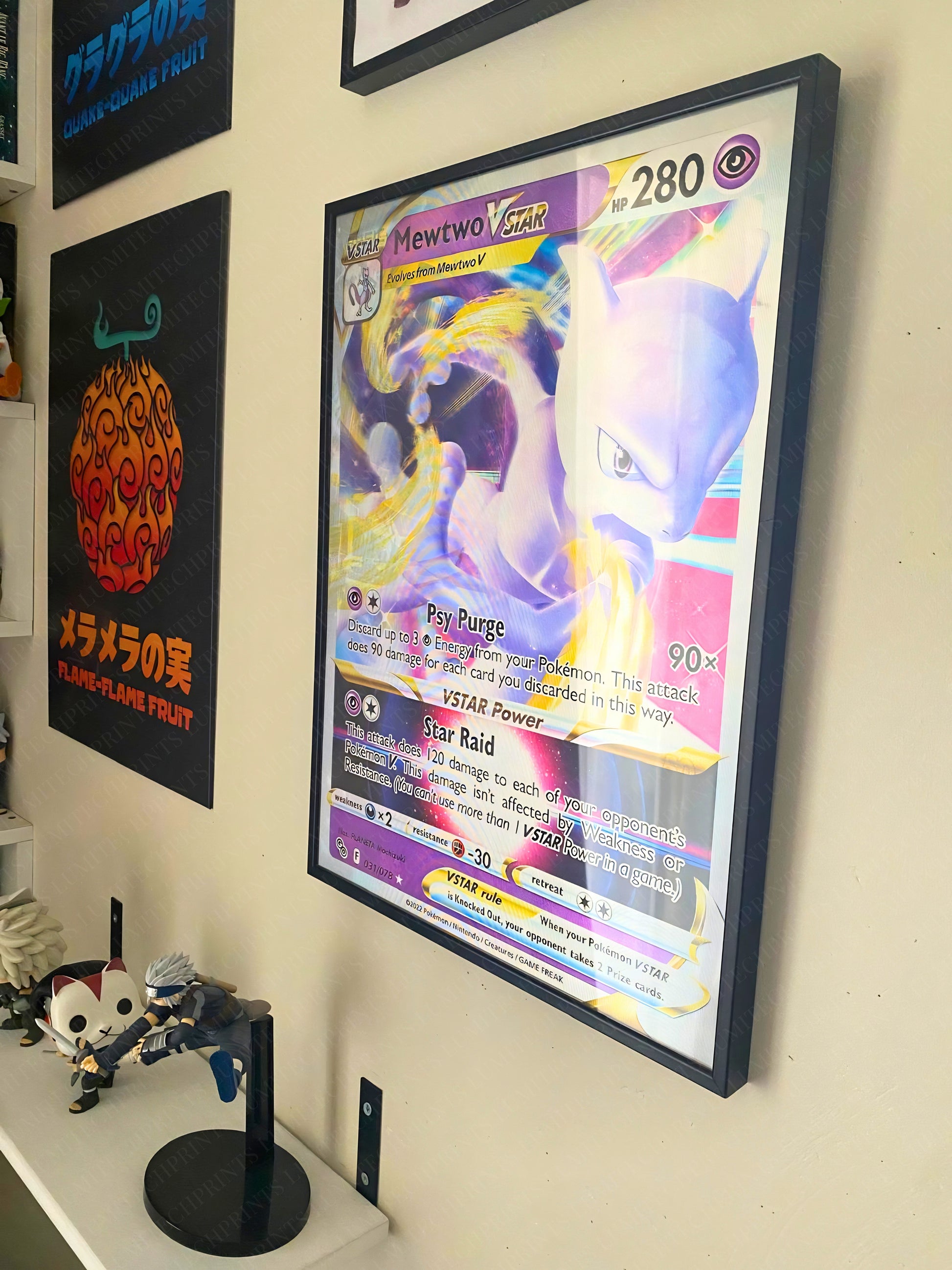 Pokemon Mewtwo VSTAR Mewtwo EX Mewtwo V 3D lenticular poster displayed on wall - gaming room decor
