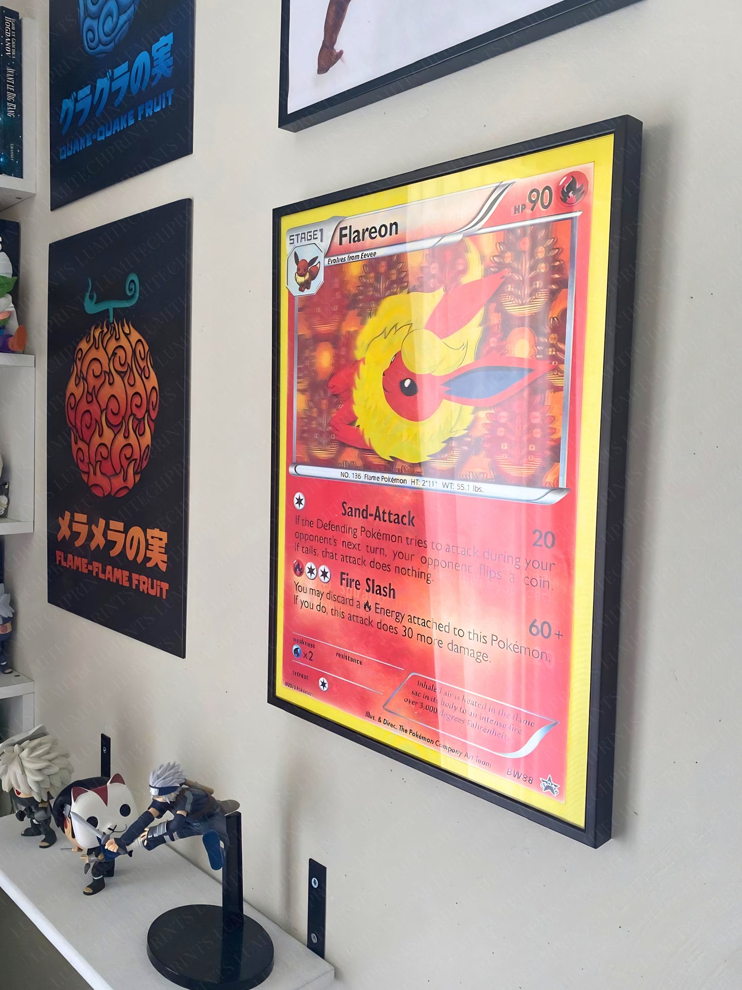 Pokemon Flareon Vaporeon Eevee 3D lenticular poster displayed on wall - gaming room decor