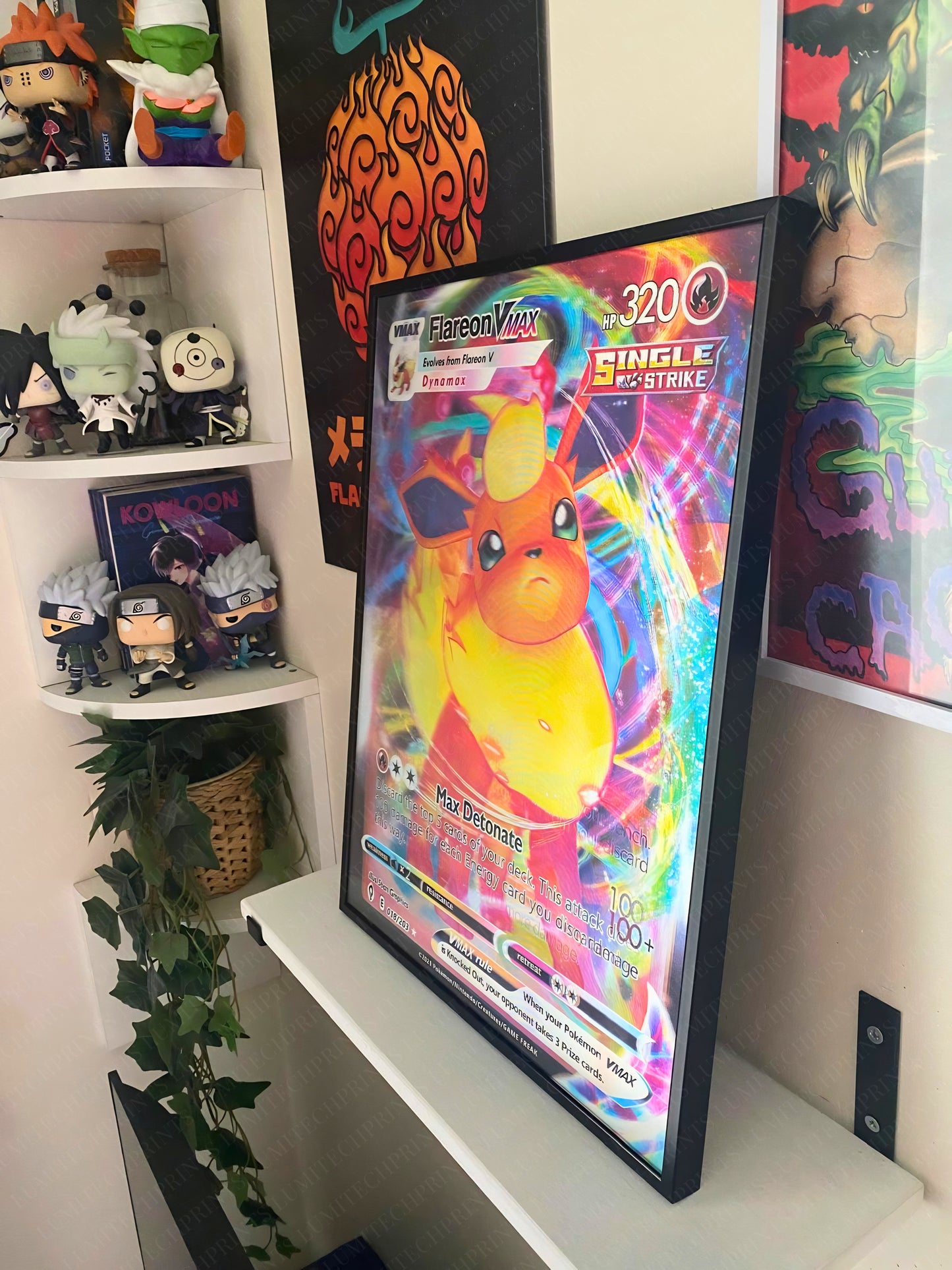 Pokemon Flareon VMAX 3D lenticular poster displayed on wall - gaming room decor