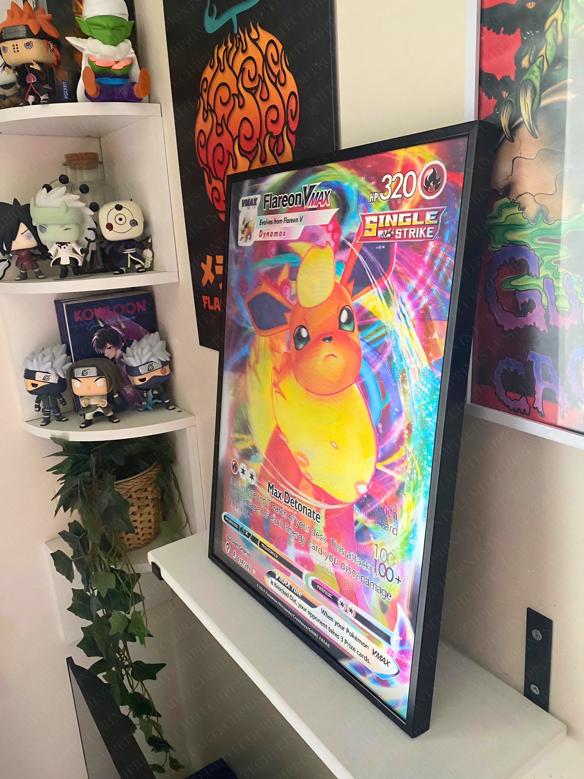 Pokemon Flareon VMAX 3D lenticular poster displayed on wall - gaming room decor