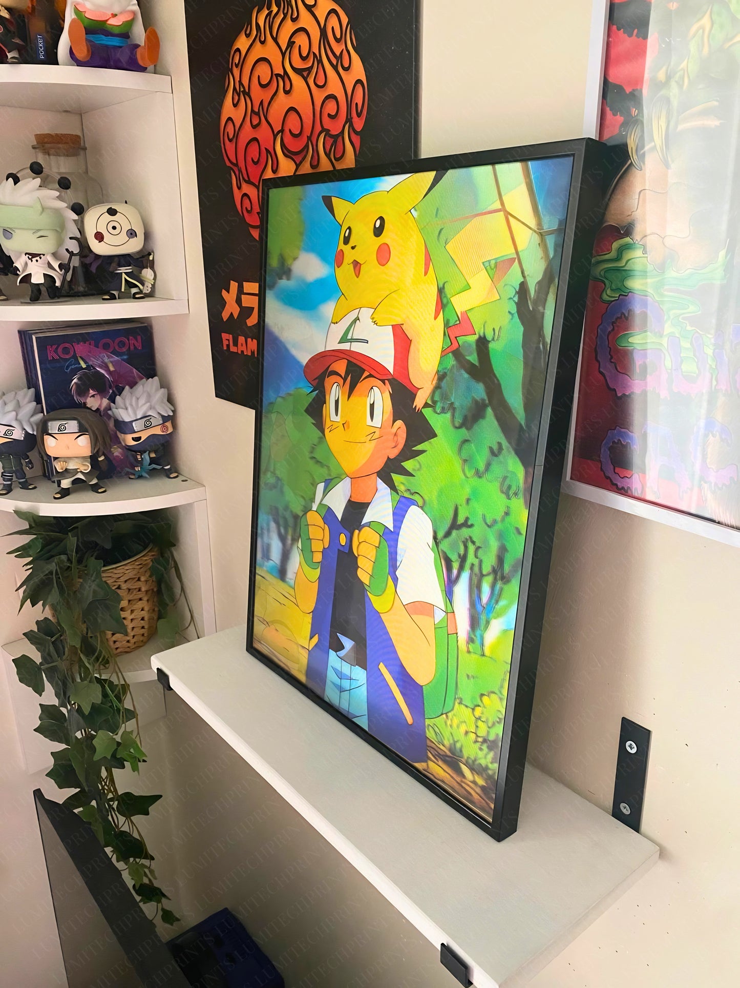 Pokemon Ash & Pikachu 3D lenticular poster displayed on wall - gaming room decor