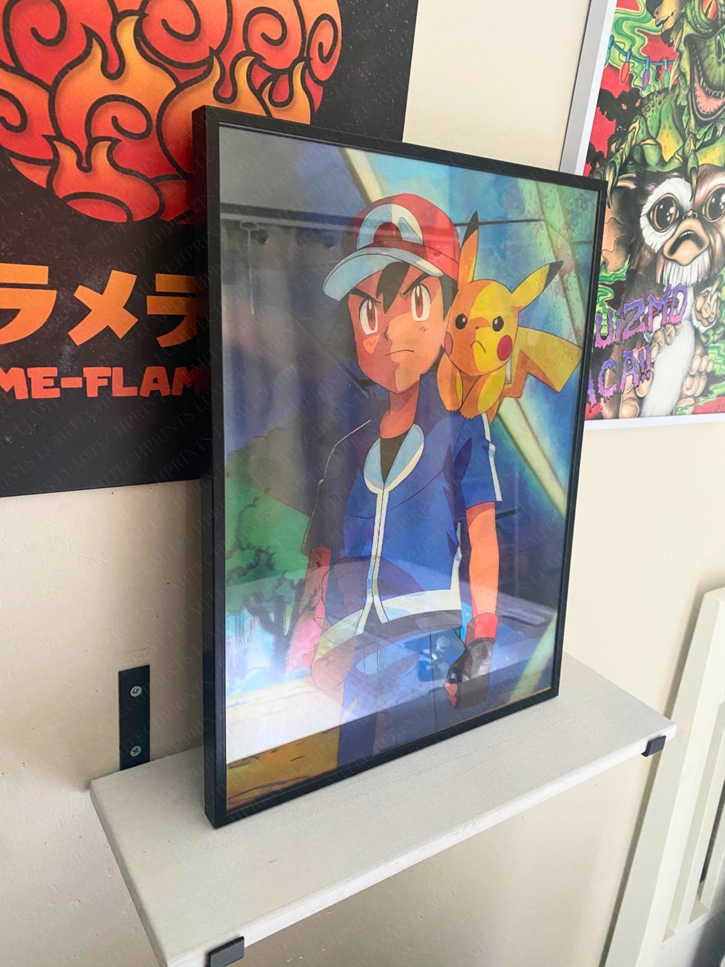 Pokemon 3D lenticular poster Ash & Pikachu hanging on wall - Lumitech Prints 30x40cm