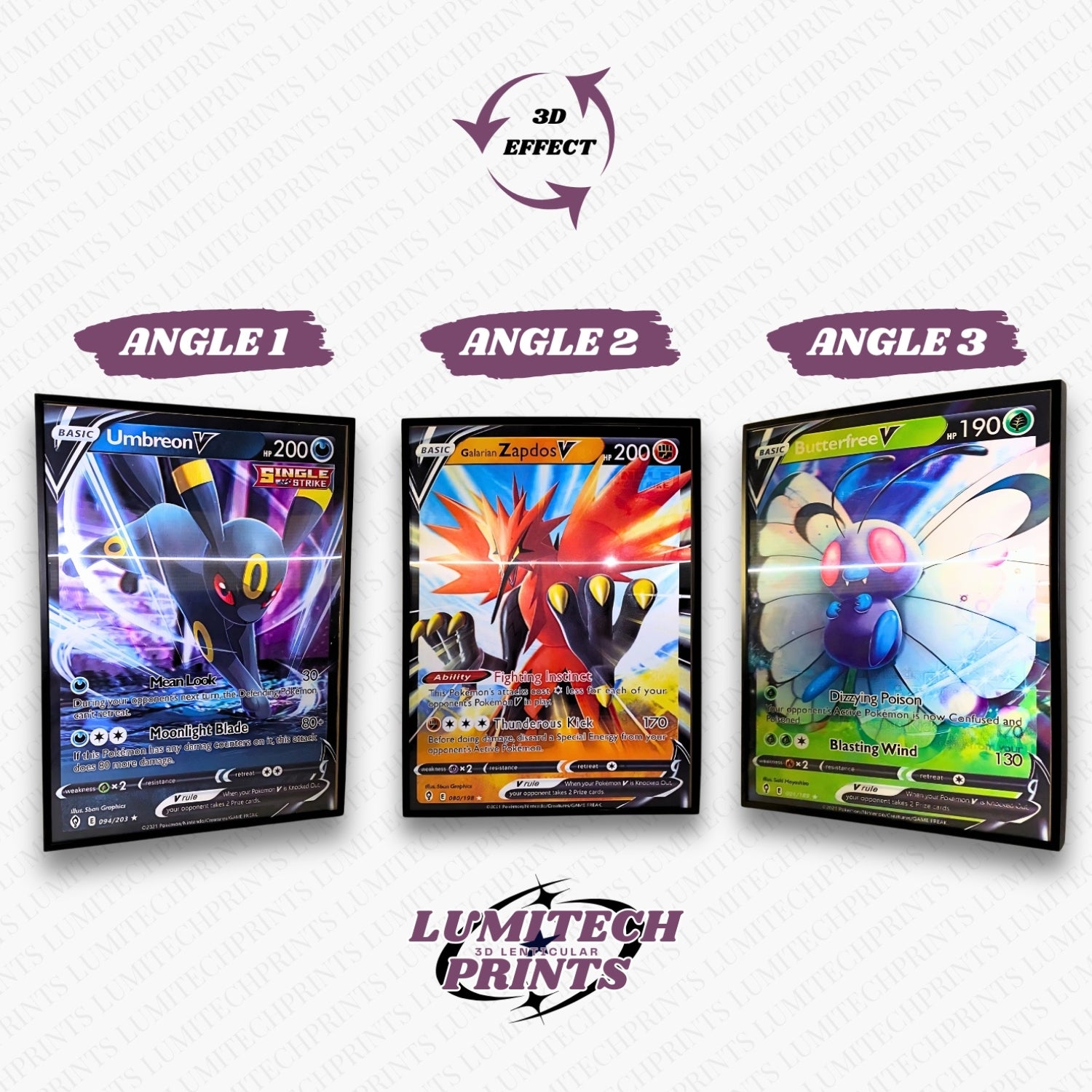 Pokemon 3D lenticular poster 30x40cm - Umbreon V, Galarian Zapdos V & Butterfree V - 3 viewing angles