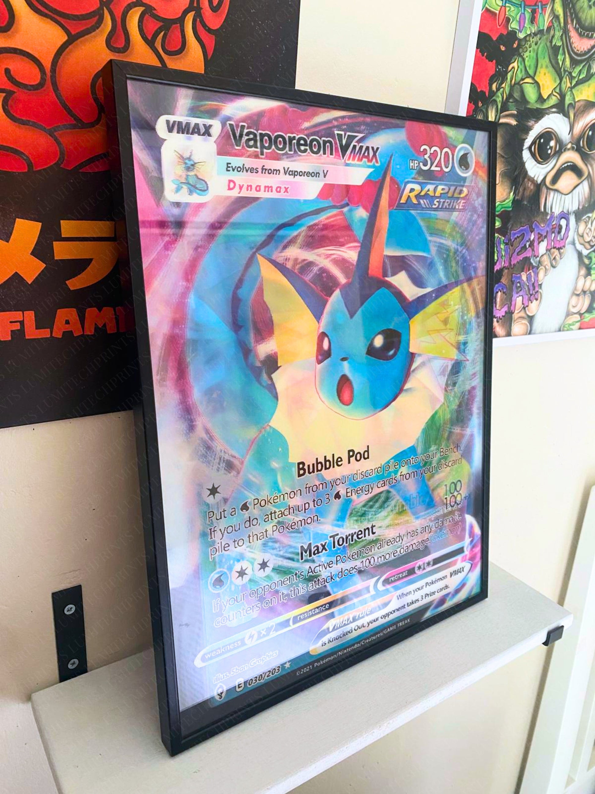 Pokemon 3D lenticular poster Vaporeon VMAX hanging on wall - Lumitech Prints 30x40cm