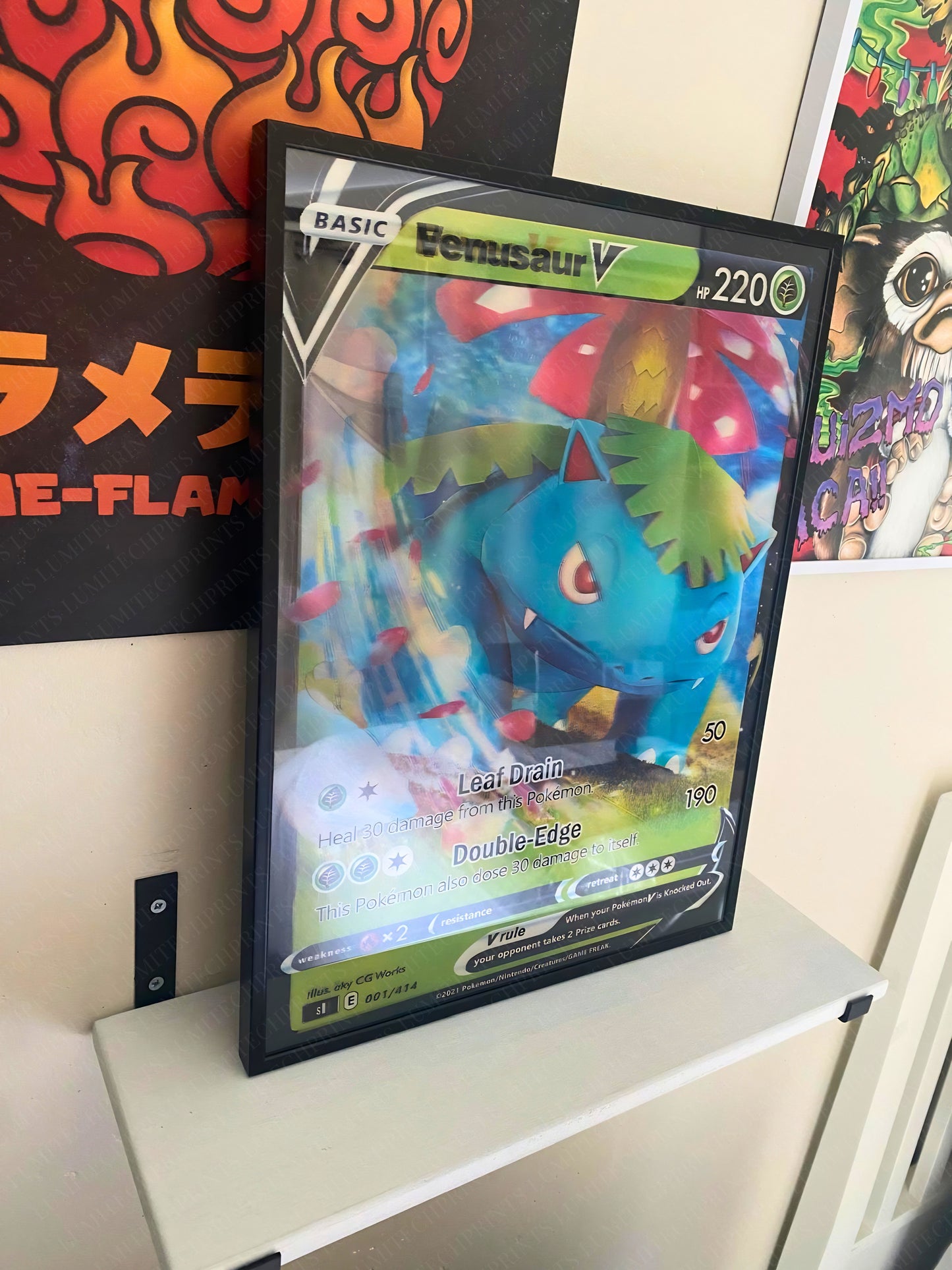 Pokemon 3D lenticular poster Eevee V Pikachu V Venusaur V hanging on wall - Lumitech Prints 30x40cm