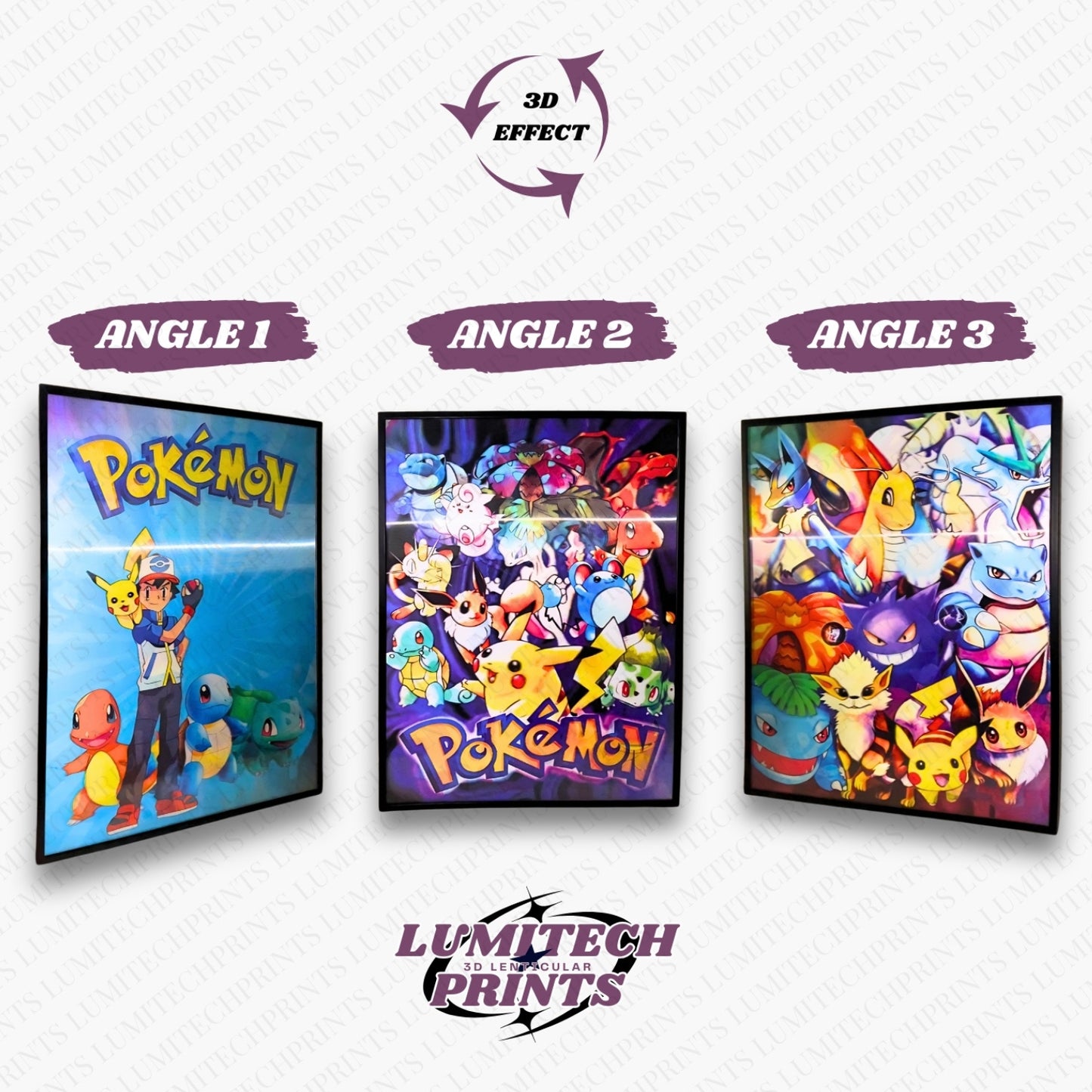 Pokemon 3D lenticular poster 30x40cm - Ash & Pikachu with Charmander, Squirtle, Bulbasaur & Pokemon characters - 3 viewing angles
