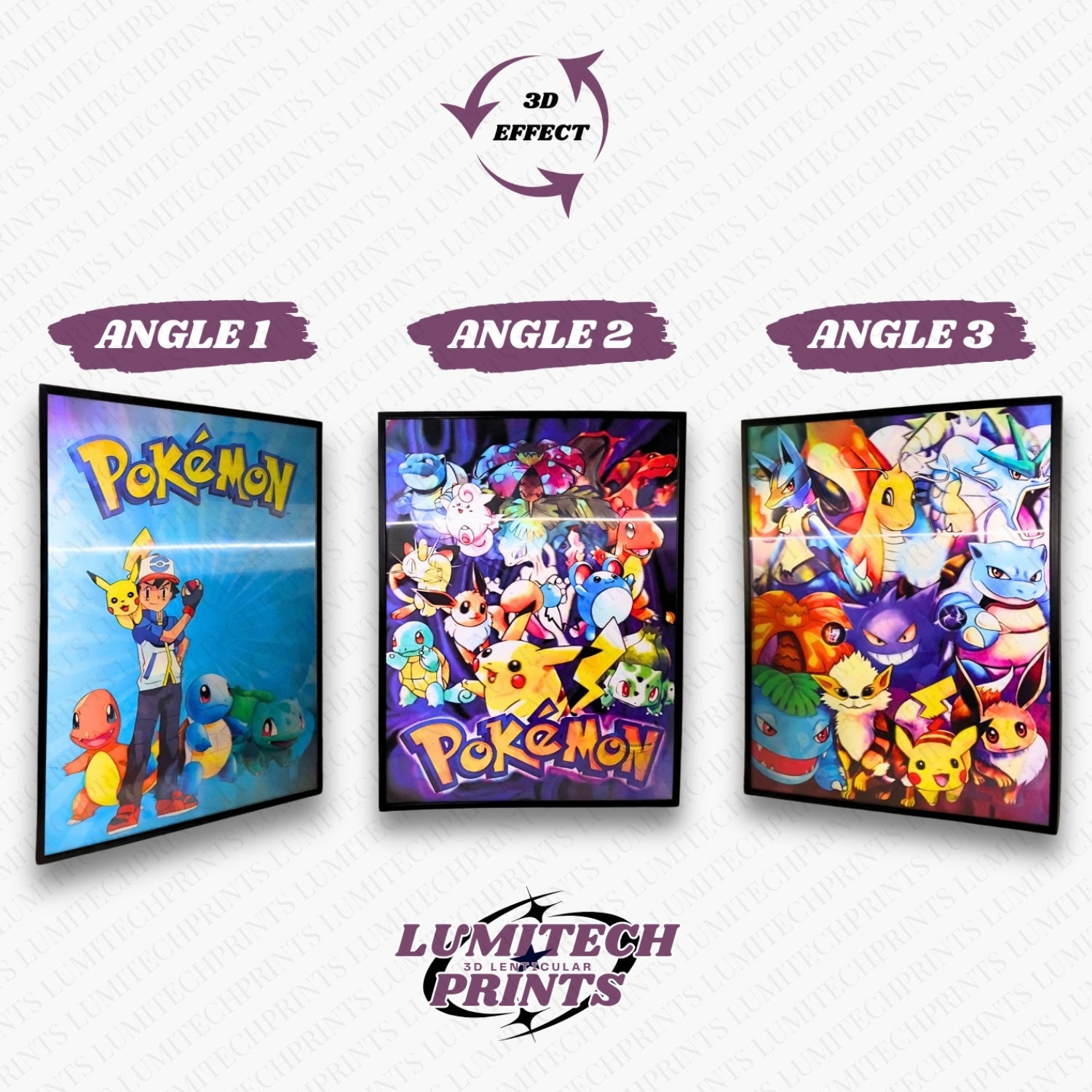 Pokemon 3D lenticular poster 30x40cm - Ash & Pikachu with Charmander, Squirtle, Bulbasaur & Pokemon characters - 3 viewing angles